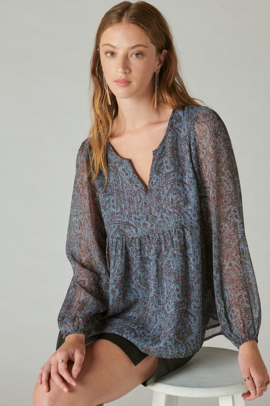 open neck printed peasant top